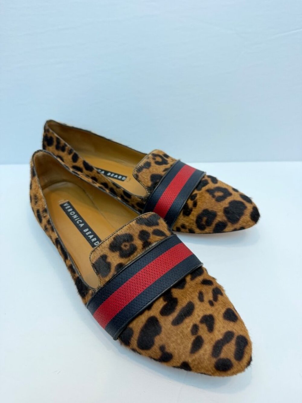 Veronica Beard Griffin Calf Hair Leopard Print Loafer Flat Stripe 38 1/2 US 8